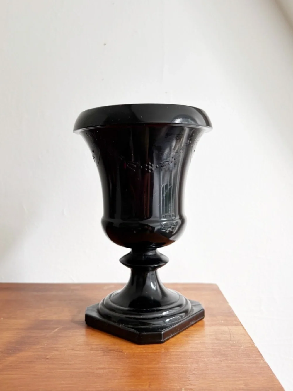 Vintage Black Glass Embossed Urn Vase